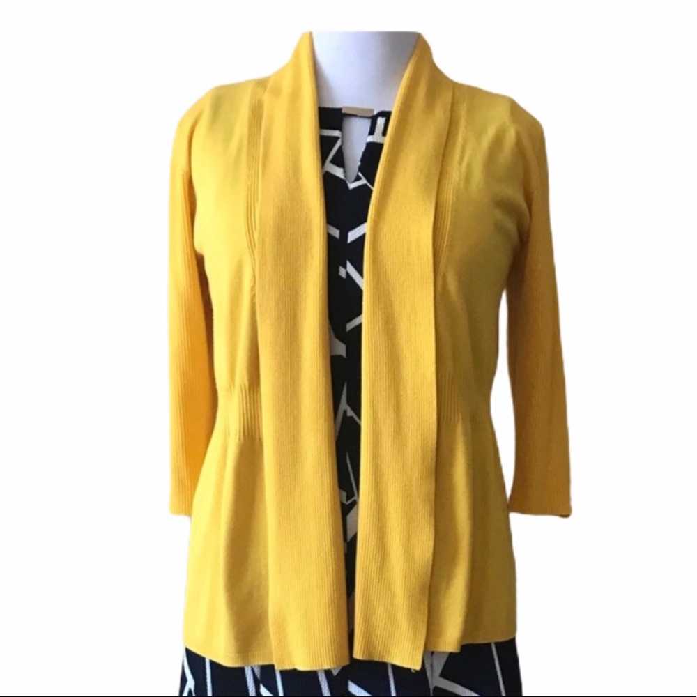 Joan Vass Yellow Sweater Size MP Woven Open Front, 3/4 Sleeve